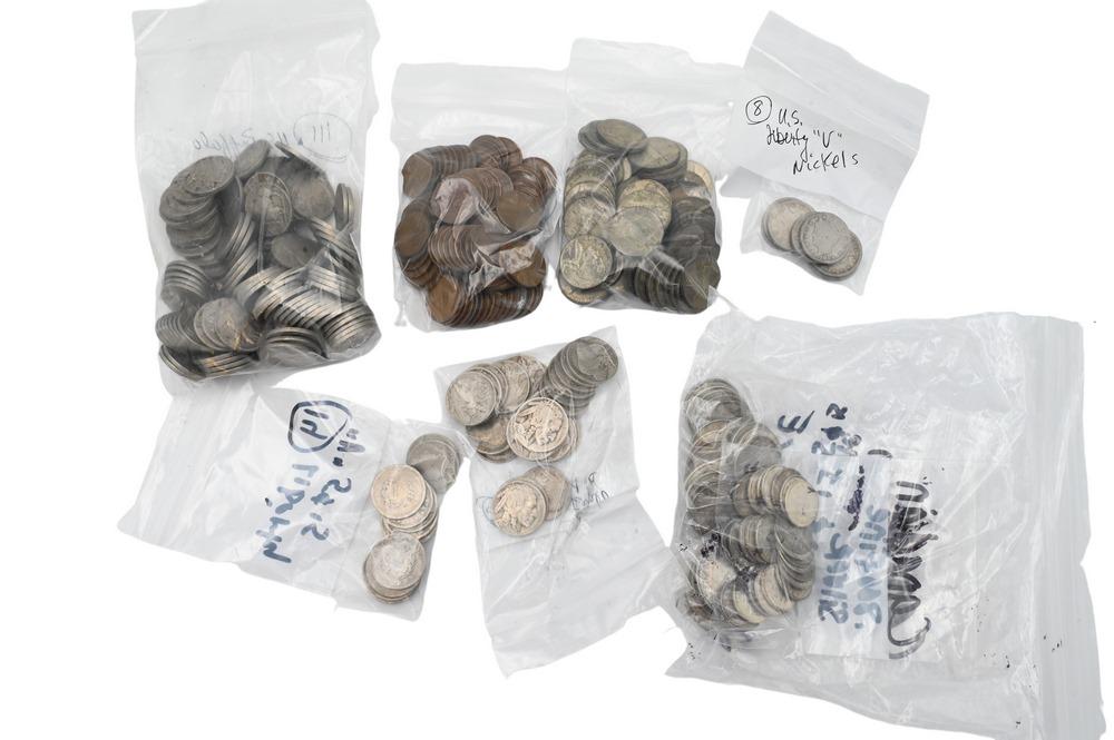 Group of War Nickels, to include Indian head nickels, wheat pennies, V nickels, along with Canadian (1 of 4)