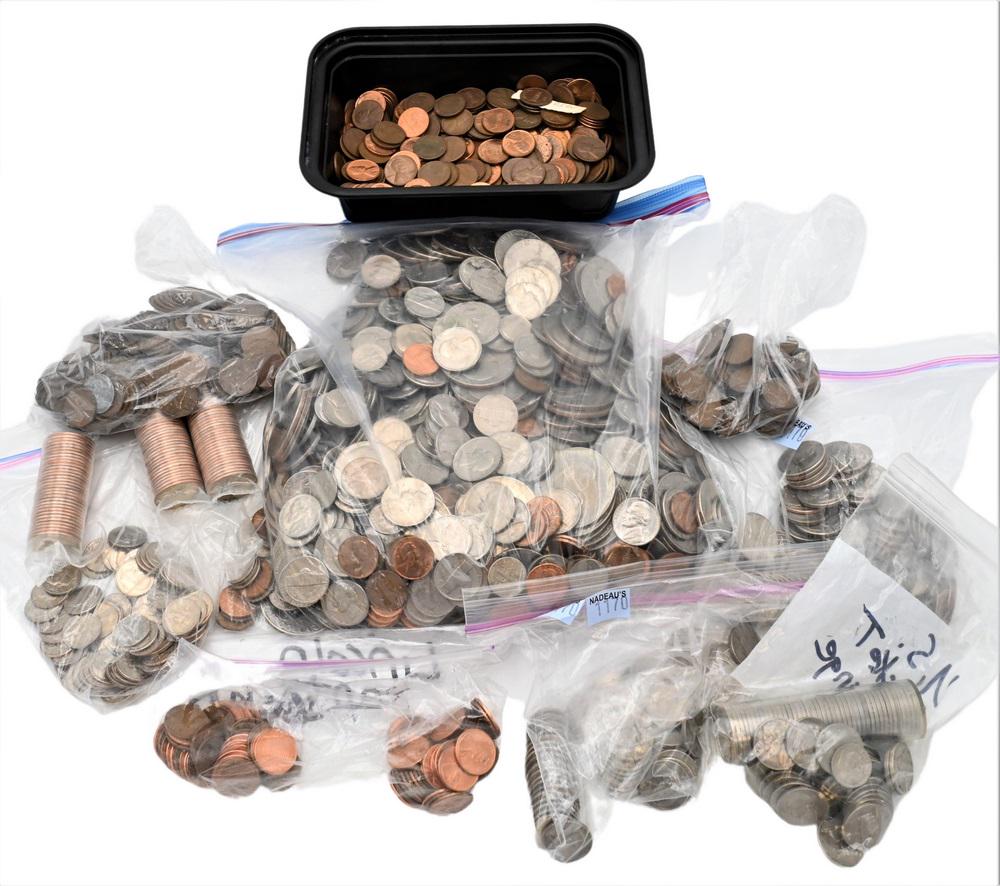 Large Lot of Various Coins, spending money, pennies including wheat pennies, $100 - $200 face value. (1 of 5)