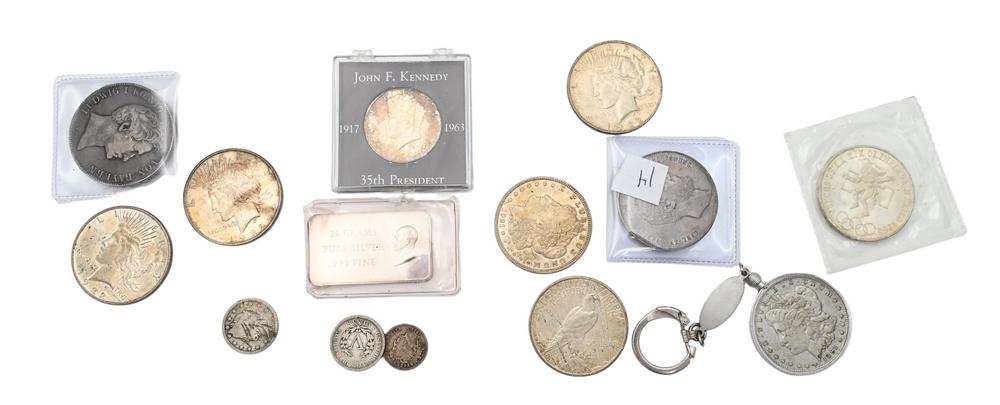 Lot of Silver Coins, to include six American silver dollars, one small silver bar, Kennedy 1964 half (1 of 8)