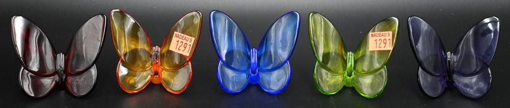 Set of Five Glass Baccarat Butterfly Figurines, to include blue, red, orange, green and purple, (1 of 4)