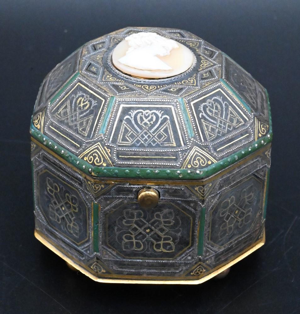 Russian Niello Enameled and Inlaid Box, octagon shape with cameo mounted top cover, height 3 inches: Russian Niello Enameled and Inlaid Box, octagon shape with cameo mounted top cover, height 3 inches top 3" x 3".