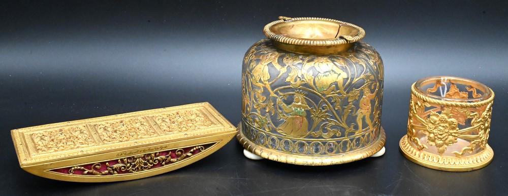 Three Piece Caldwell Desk Group, to include cigar ashtray signed E.F. Caldwell & Company, Inc., New (1 of 6)