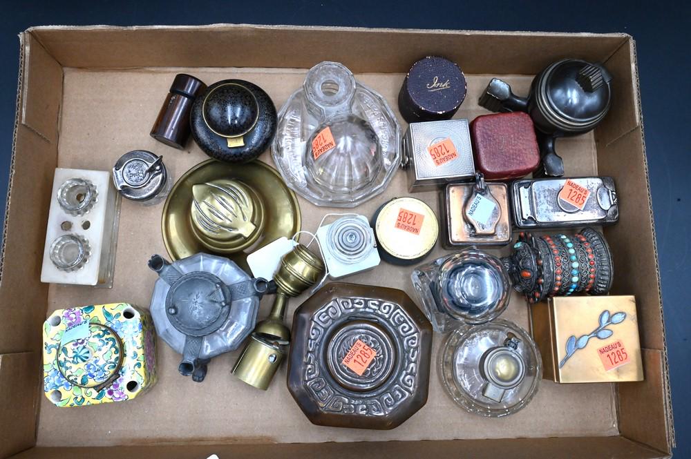 Collection of Inkwells, to include Tiffany & Company bronze, travel inkwells, glass, silver, copper, (1 of 5)