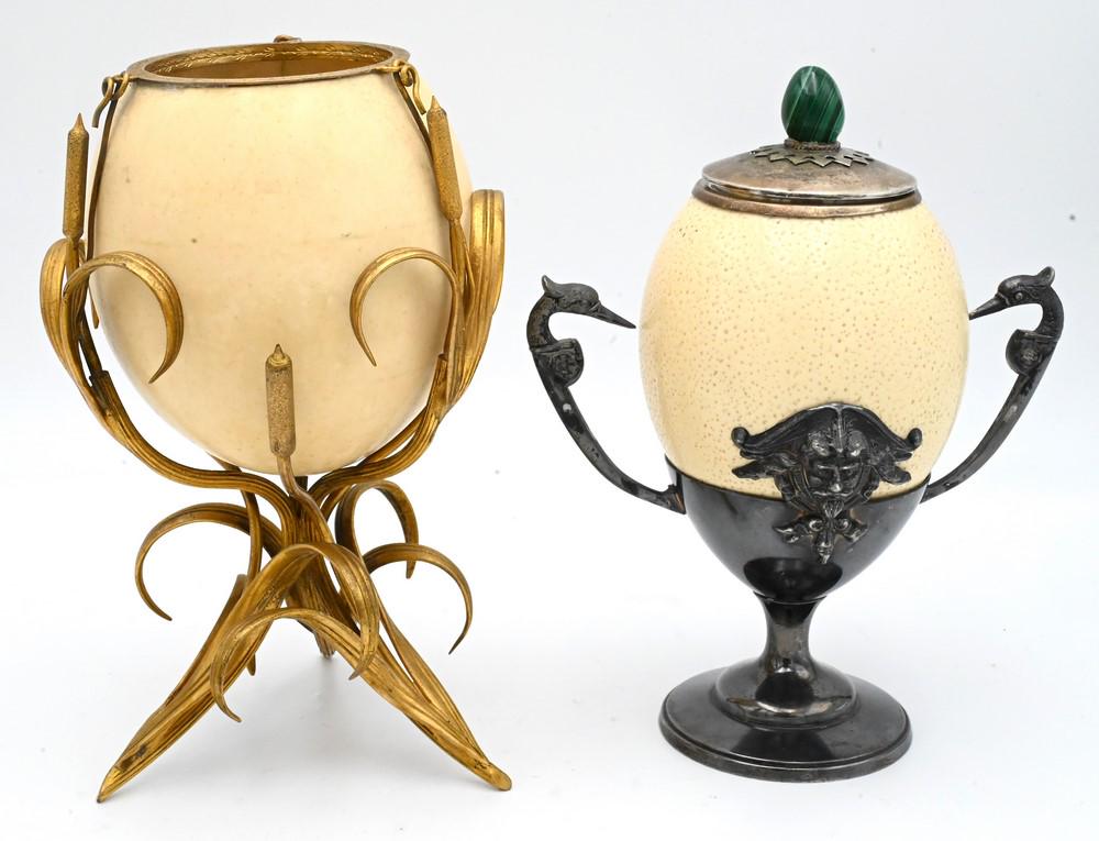 Two Ostrich Egg Table Ornaments, to include a Anthony Redmill silver-plat mounted egg having malachi (1 of 6)