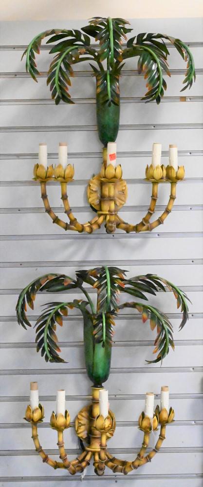 Pair of Large Tole Palm Tree Sconces, in the form of bamboo or palm trees having four lights, height (1 of 5)