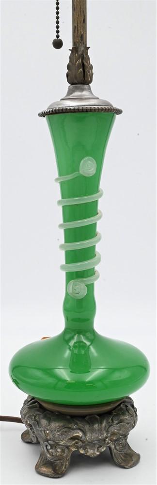 Steuben Jade and Alabaster Glass Vase, made into a table lamp, having green jade glass body with (1 of 5)