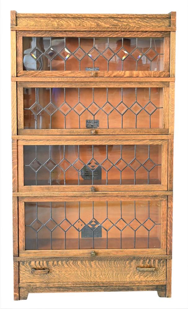 Globe Wernicke Art Mission Oak Stack Bookcase, having four leaded glass doors, plus drawer, height (1 of 4)