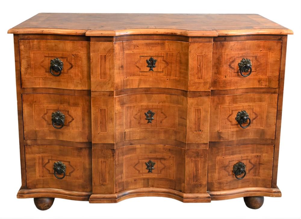 Continental Style Inlaid Commode, having three drawers on suppressed ball feet, height 32 inches, (1 of 4)