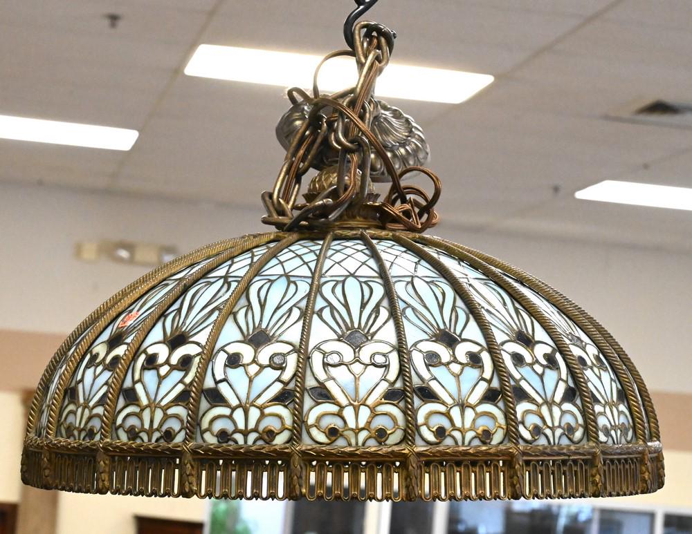 LeadedGlass Hanging Light, having bronze supports and trim, with Cypriot glass, diameter 20 inches. (1 of 4)
