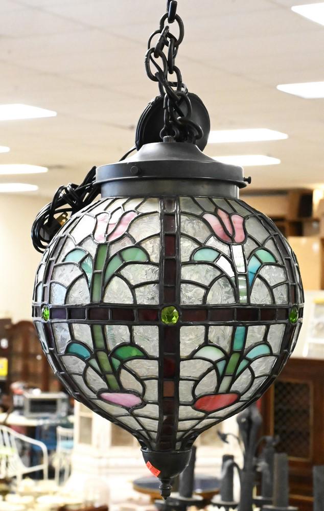 Leaded Glass Globe, having pink flowers, height 15 inches, diameter 10 1/2 inches.: Leaded Glass Globe, having pink flowers, height 15 inches, diameter 10 1/2 inches.