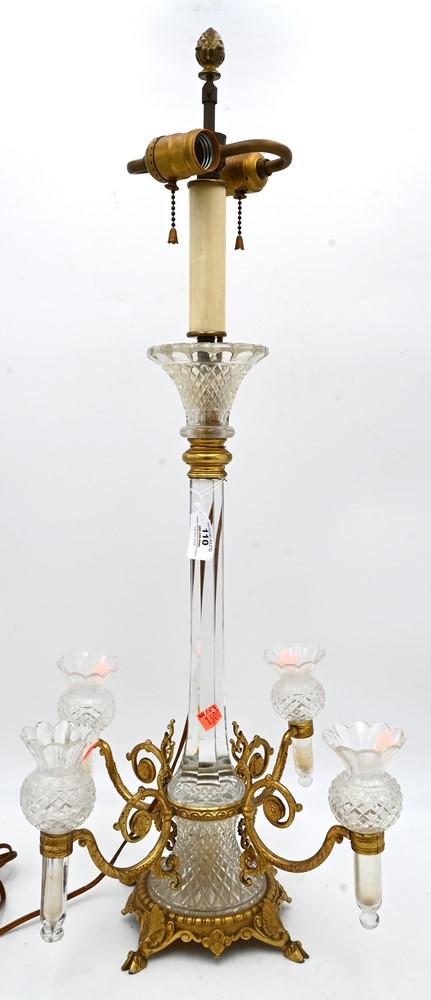 Oster Bronze and Crystal Epergne, made into a table lamp, having four arms with glass candle holders (1 of 4)