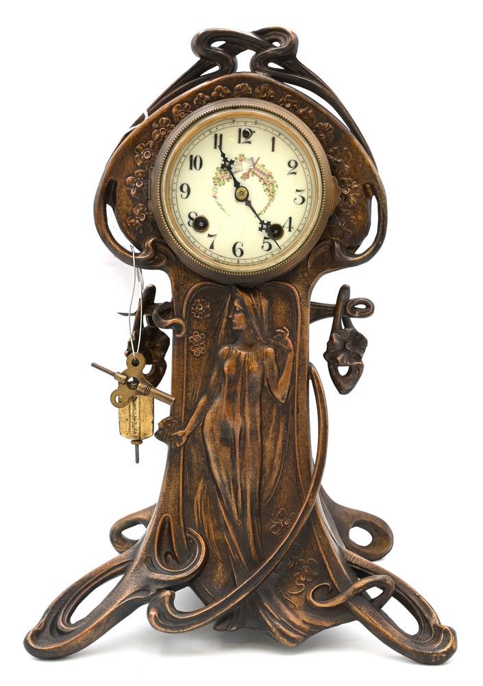 Ansonia Art Nouveau Metal Clock, having enameled dial, height 15 1/2 inches. (1 of 5)