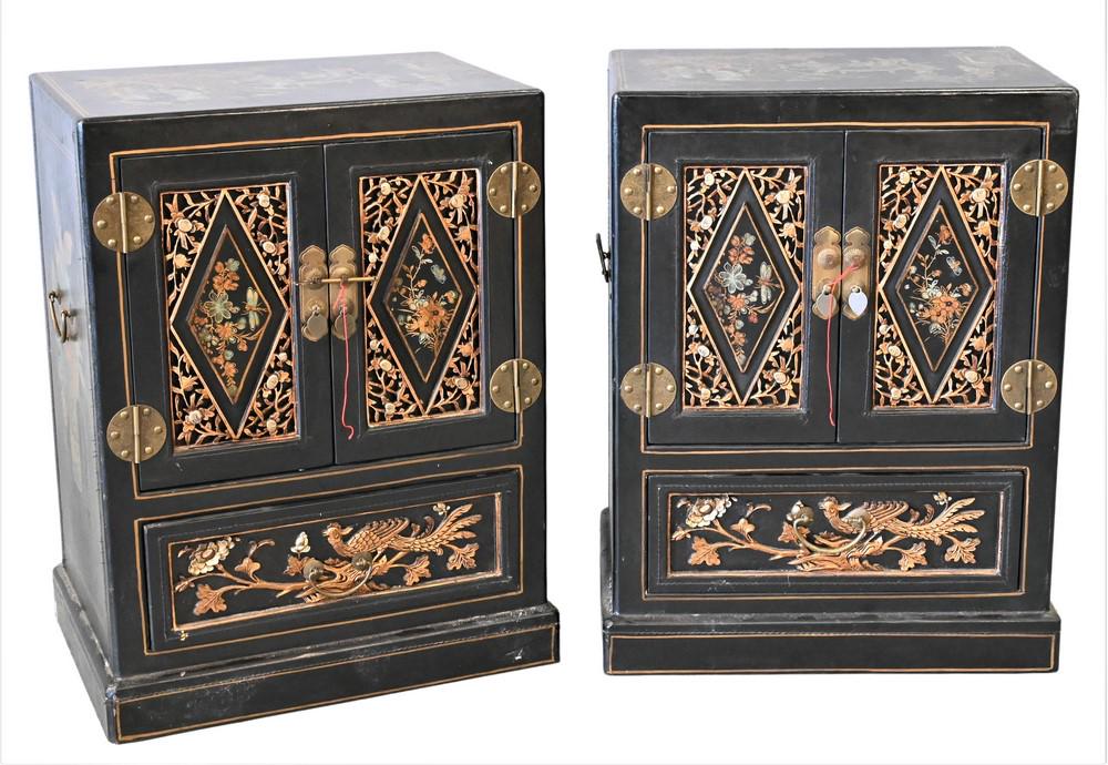 Pair of Decorative Asian Low Cabinets, each having two doors over one drawer, height 27 1/2 inches, (1 of 5)