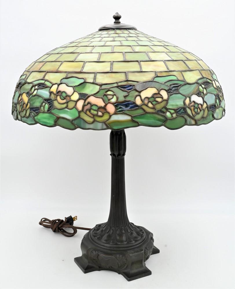 Attributed to Duffner and Kimberly Leaded Glass Table Lamp, having water lily band around bottom (1 of 8)