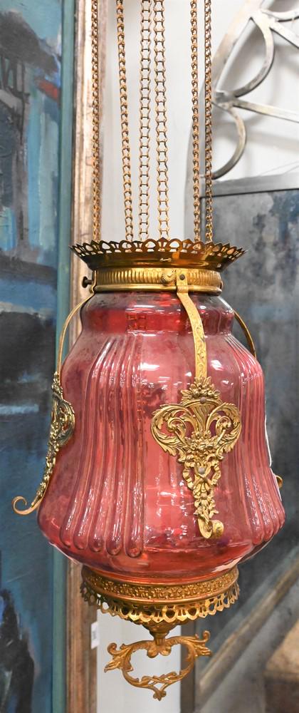 Two Victorian Pull Down Hanging Lights, one having a cranberry shade, the other having art glass (1 of 4)