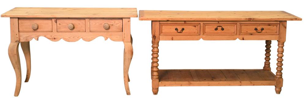 Two English Pine Servers, heights 30 and 31 inches, tops 20" x 60" and 20" x 48". (1 of 4)