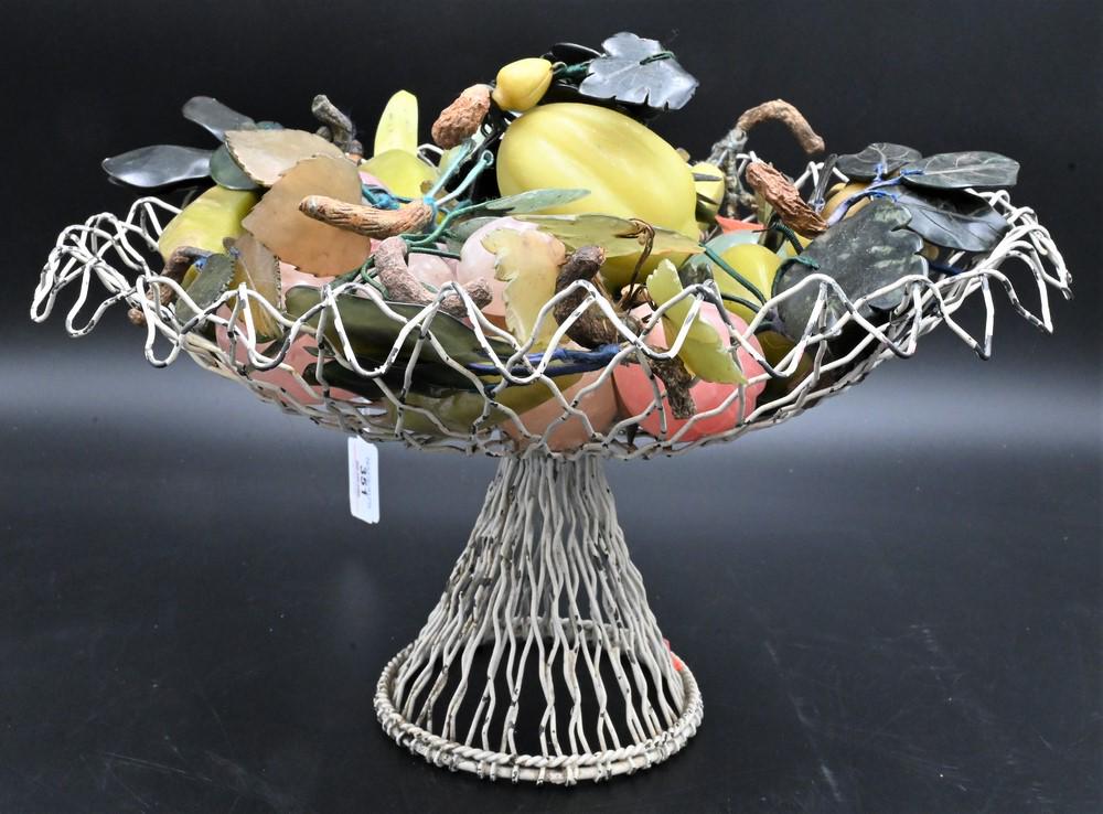 Group of Carved Hardstone Fruit and Jadeite Leaves, in wire compote, total height 10 inches, (1 of 4)