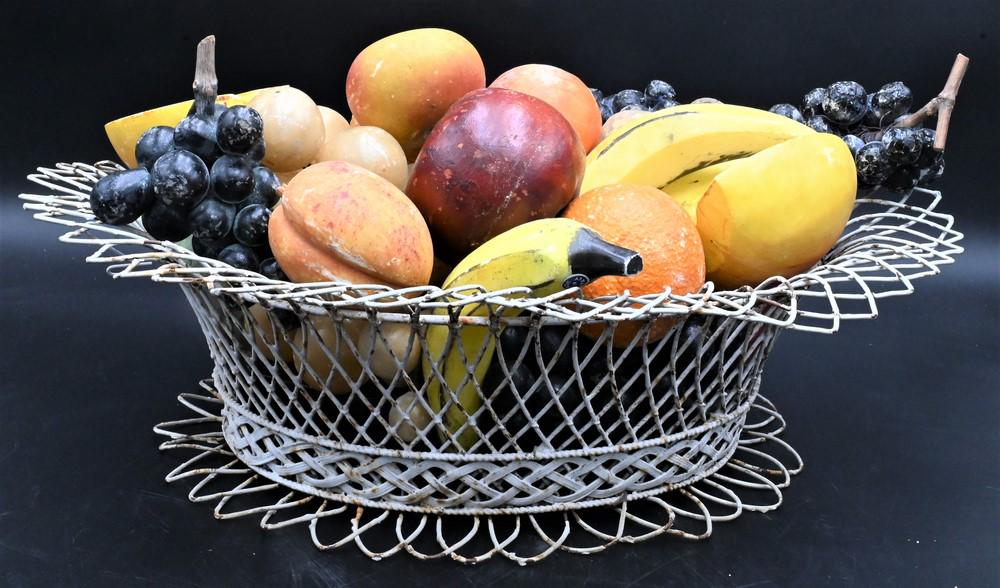 Large Group of Alabaster and Stone Fruit, in woven iron basket, to include pears, apples, bananas, (1 of 3)