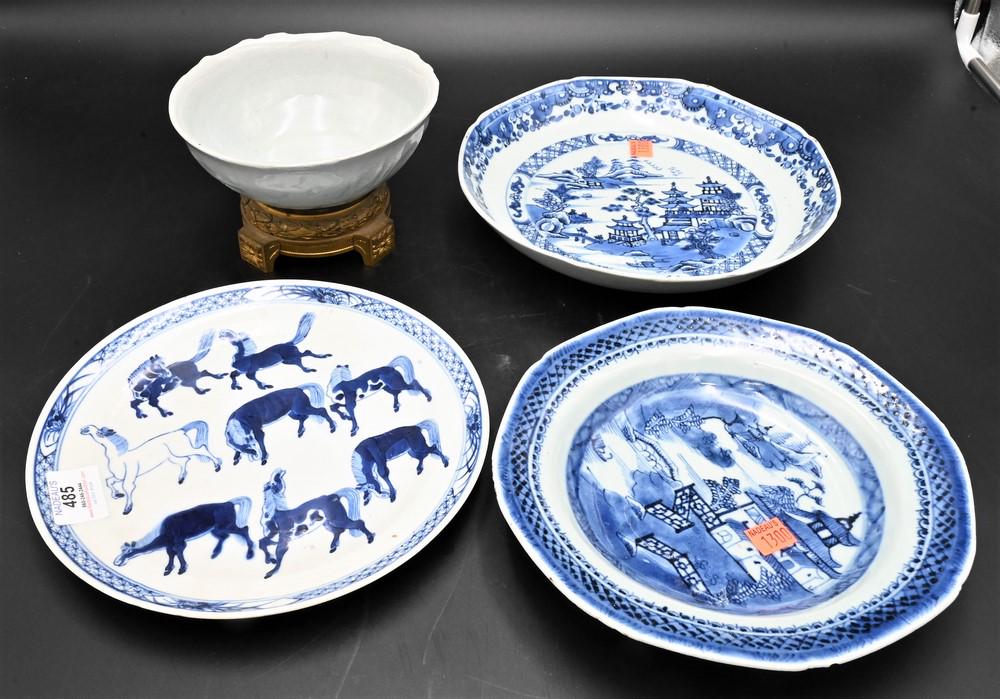 Four Piece Group of Chinese Porcelain, to include celadon glazed bowl on gilt bronze base, blue and (1 of 6)