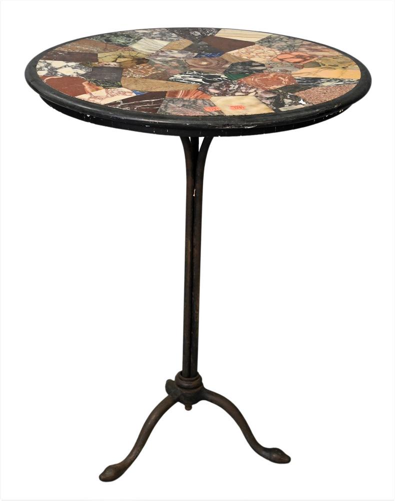 Specimen Top Table, on iron base with snake feet, one imperfection in top, height 28 1/2 inches, (1 of 3)