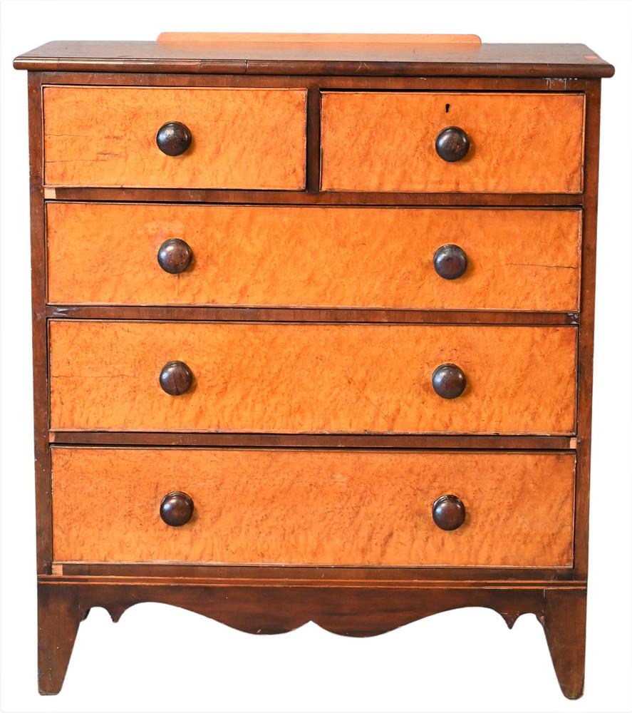 Three Piece Lot, to include two over three drawer chest having birds eye drawer fronts, a one drawer (1 of 3)