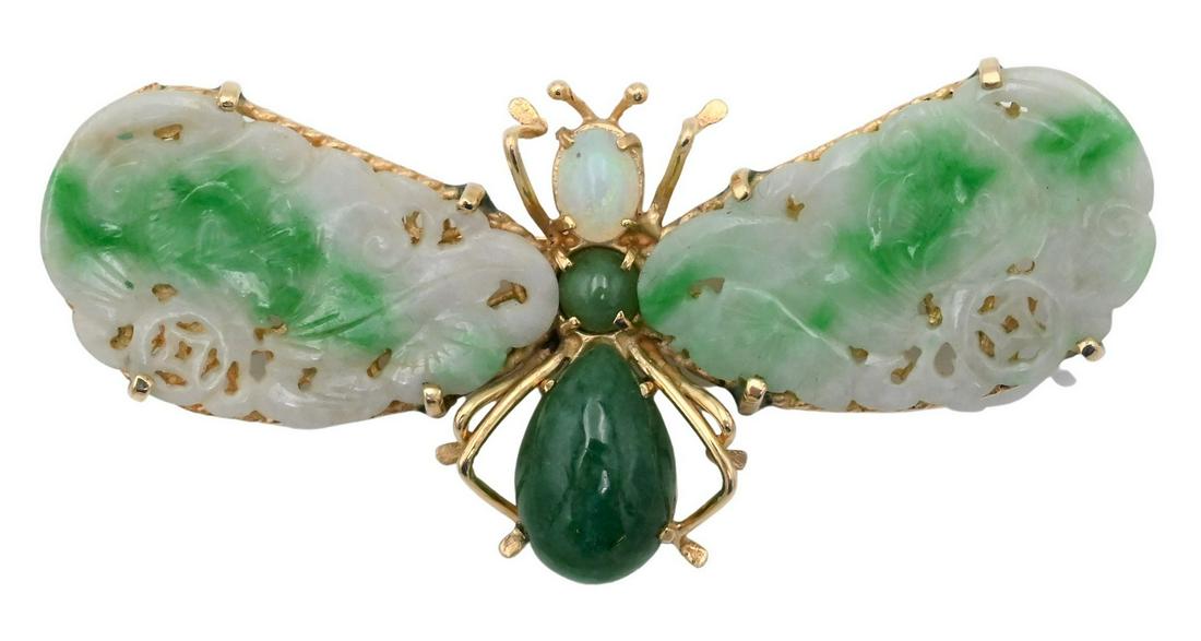 14 Karat Gold Jadeite and Opal Butterfly Brooch (1 of 3)