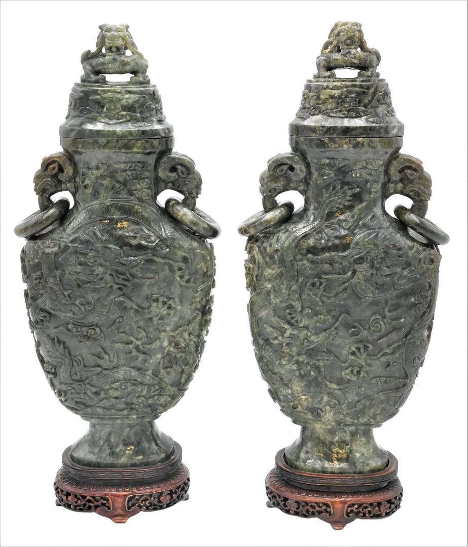 Pair Spinach Jade Covered Vases (1 of 16)