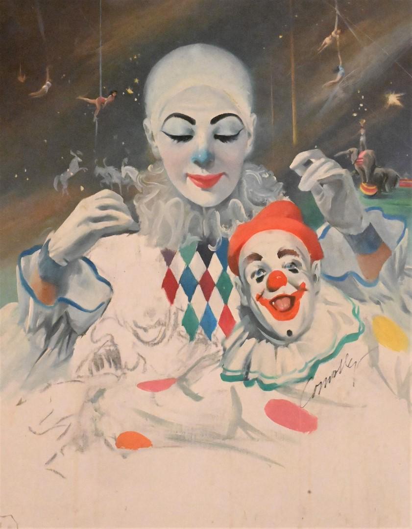 Howard Connolly (American, 1903 - 1990): Howard Connolly (American, 1903 - 1990), Bring the Clowns, oil on canvas, signed Connolly lower right, signed, dated and titled on verso, 24" x 30".