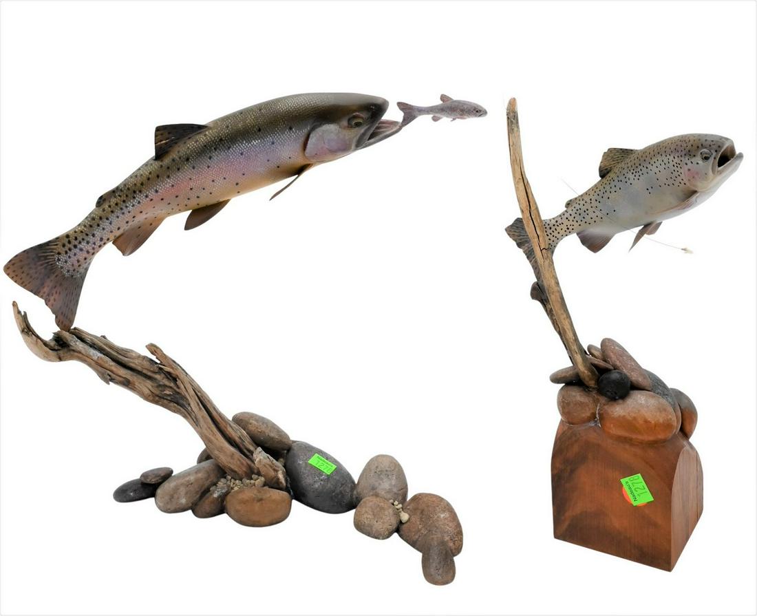 Two Luna Hymas-Smith Carved Fish Sculptures: Two Luna Hymas-Smith Carved Fish Sculptures, Future Keeper Rainbow Trout, (chip on tail), $2,500 new, height 13 1/2 inches; along with Minnow Ette Yellowstone Cutthroat Trout, $3,250 new, height 14 in