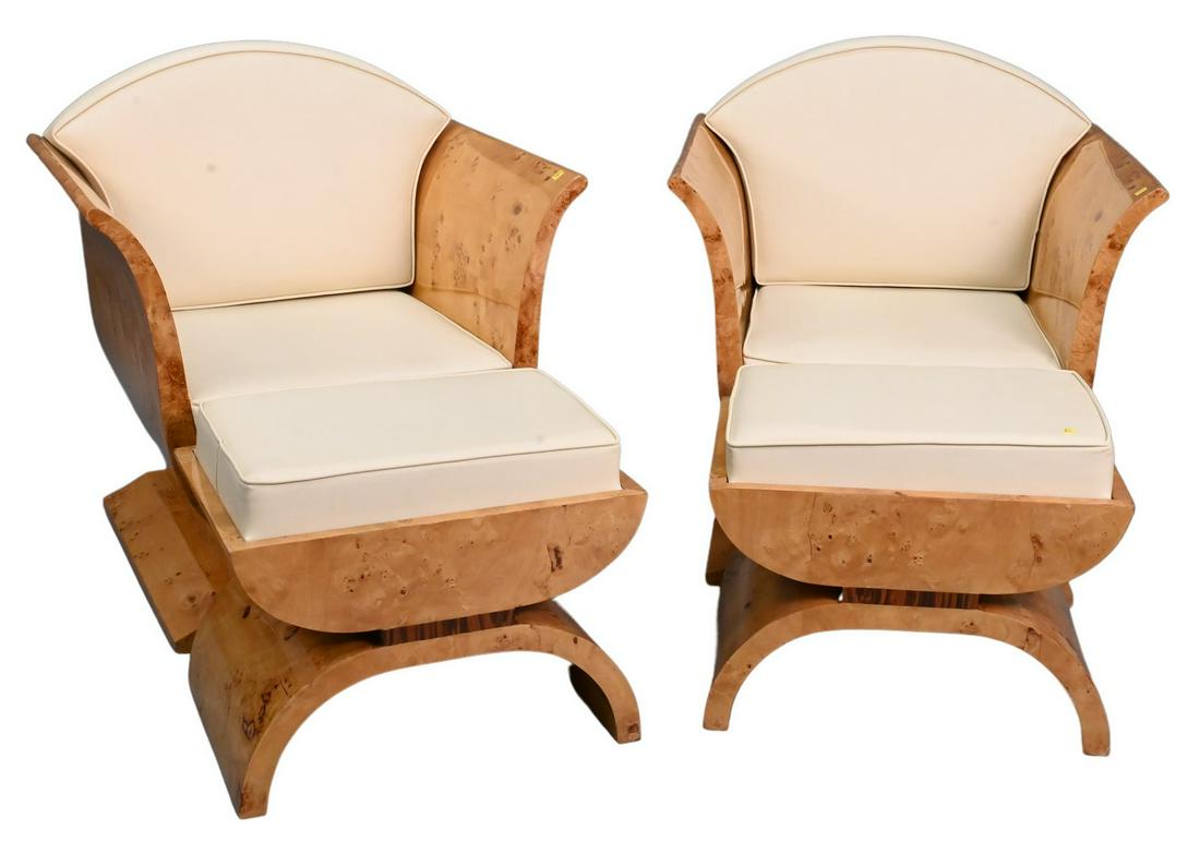 Pair of Birdseye Maple and Leather Armchairs and Ottomans (1 of 6)