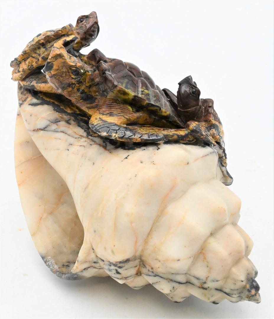 Carved Marble Conch Shell: Carved Marble Conch Shell, having three carved turtles, height 7 inches. Provenance: Estate of Peter Tillou, Litchfield, Connecticut.