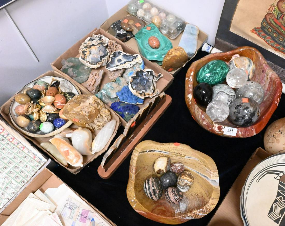 Large Group of Stone: Large Group of Stone, to include polished balls, bowls, minerals, agate, along with malachite, etc. Provenance: Estate of Peter Tillou, Litchfield, Connecticut.