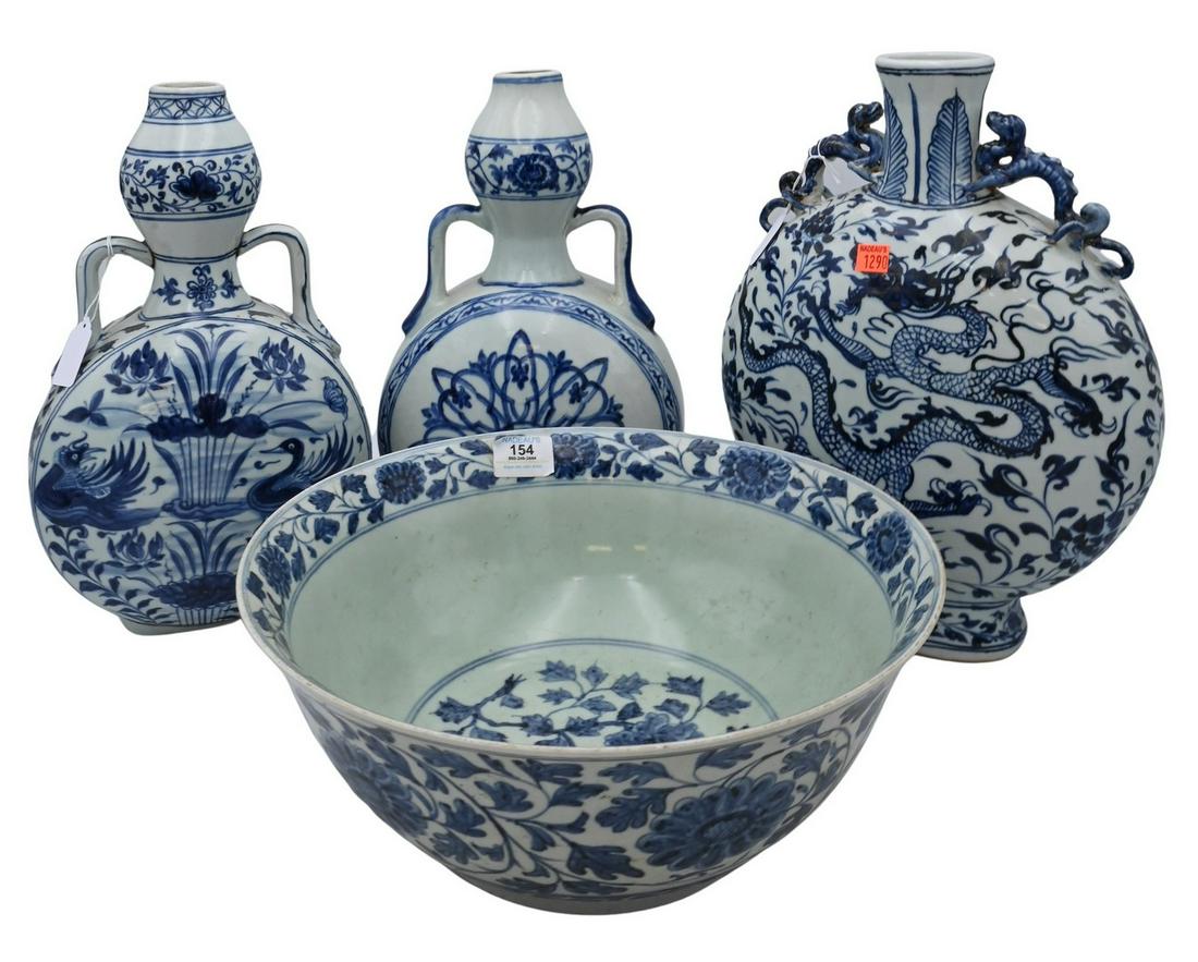Four Blue And White Chinese Porcelain Pieces: Four Blue And White Chinese Porcelain Pieces, to include two double gourds, a moon flask, Large Bowl, height 14 1/2 inches.