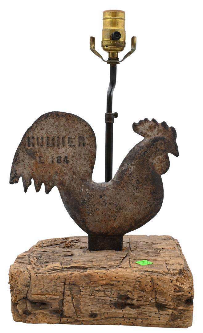 Cast Iron Hummer Rooster Windmill: Cast Iron Hummer Rooster Windmill, weight mounted on wood base, made into a table lamp, height 17 inches. Provenance: Estate of Peter Tillou, Litchfield, Connecticut.