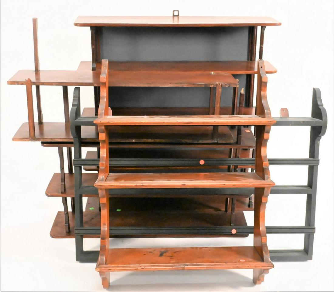 Four Hanging Shelves: Four Hanging Shelves, to include a pair along with two odd pieces, tallest 38 inches, largest top 9" x 37". Provenance: Estate of Peter Tillou, Litchfield, Connecticut.