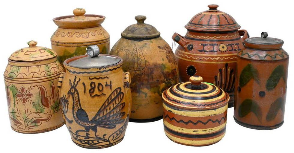 Seven Greg Shooner Redware Pottery Covered Jars (0190) on Aug 20, 2022
