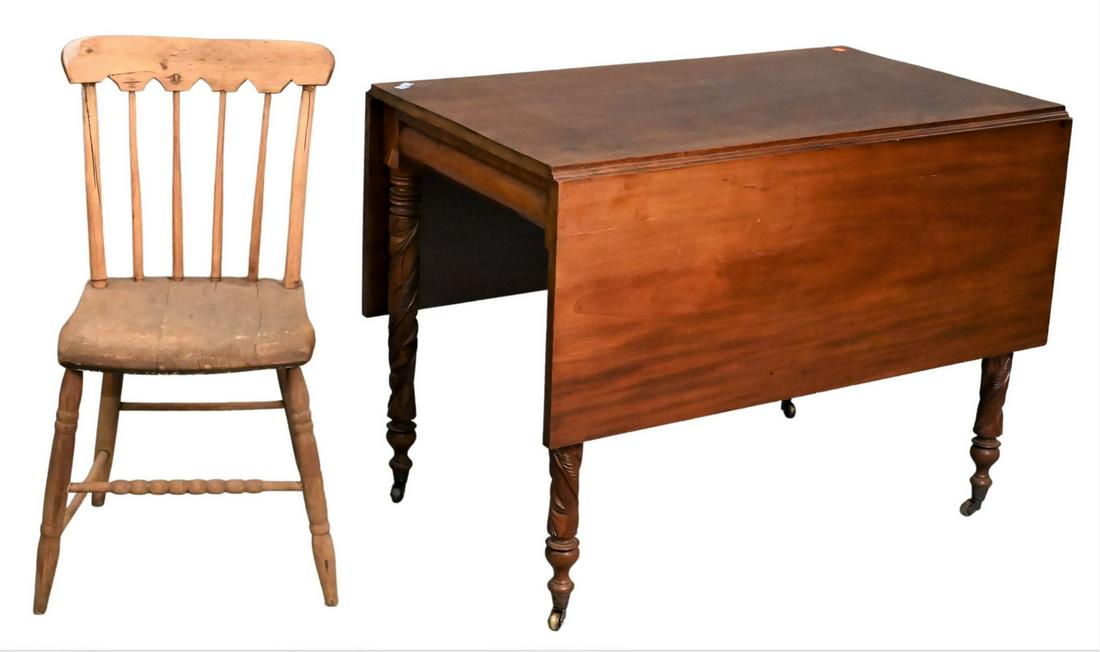 Sheraton Mahogany Drop Leaf Table: Sheraton Mahogany Drop Leaf Table, having Acanthus carved legs and one drawer, along with a side chair, circa 1830, height 28 1/2 inches, closed top 23" x 39". Provenance: Edwin C. Alberg, New Haven,