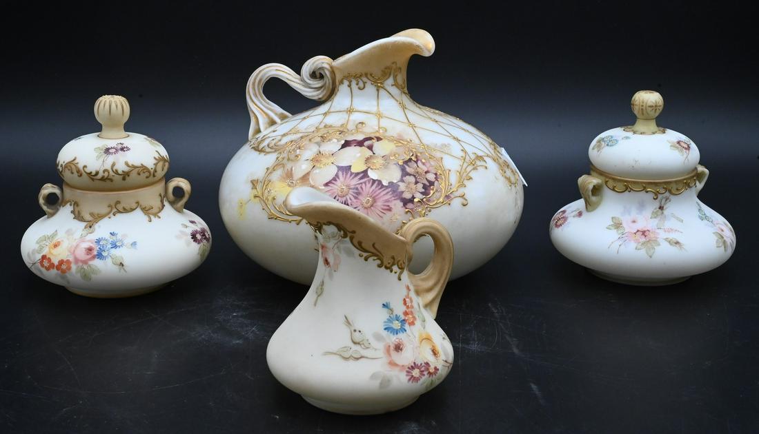 Four Piece Mt. Washington Glass Crown Milano Glass Lot: Four Piece Mt. Washington Glass Crown Milano Glass Lot, covered jars and ewers; tallest 5 1/2 inches. Provenance: From the Estate of Elwyn W. Lemon, Enfield, Connecticut.