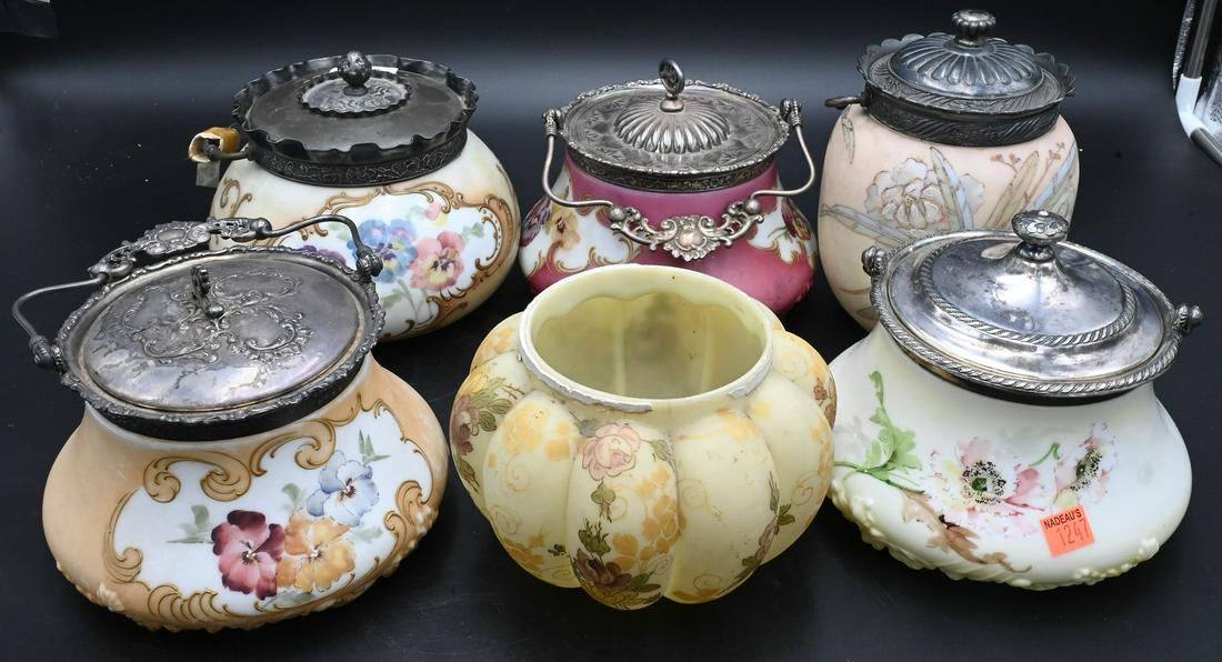 Seven Large Mt. Washington Glass Biscuit Jars: Six Large Mt. Washington Glass Biscuit Jars, having painted flowers; tallest 7 1/4 inches. Provenance: From the Estate of Elwyn W. Lemon, Enfield, Connecticut.