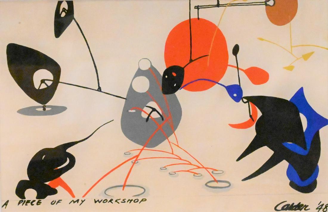 Alexander Calder (1898 - 1976): Alexander Calder (1898 - 1976), "A Piece Of My Workshop", original silkscreen on canvas, signed "Calder '48" on lower right, size 9 3/4" x 14 3/4".