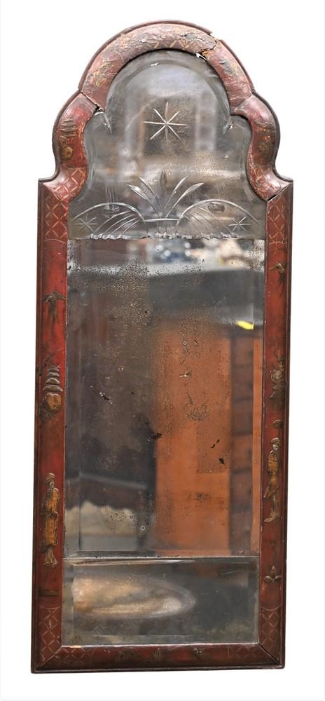Rare William III Carved Chinoiserie Decorated Pier Mirror: Rare William III Carved Chinoiserie Decorated Pier Mirror, in three parts, divided upright arched mirror plate, paint and wood damage at top, engraved at center with star and basket of flowers over sc