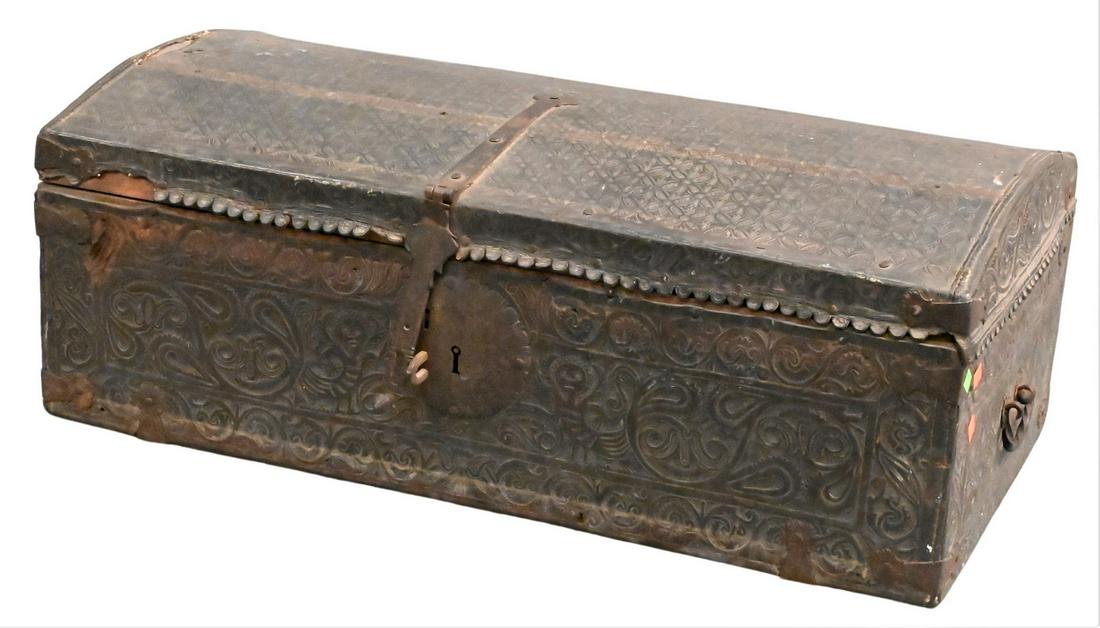 Anglo Leather Wrapped Lift Top Trunk: Anglo leather Wrapped Lift Top Trunk, height 14 inches, length 38 inches, width 38 inches. Provenance: Estate of Peter Tillou, Litchfield, Connecticut.