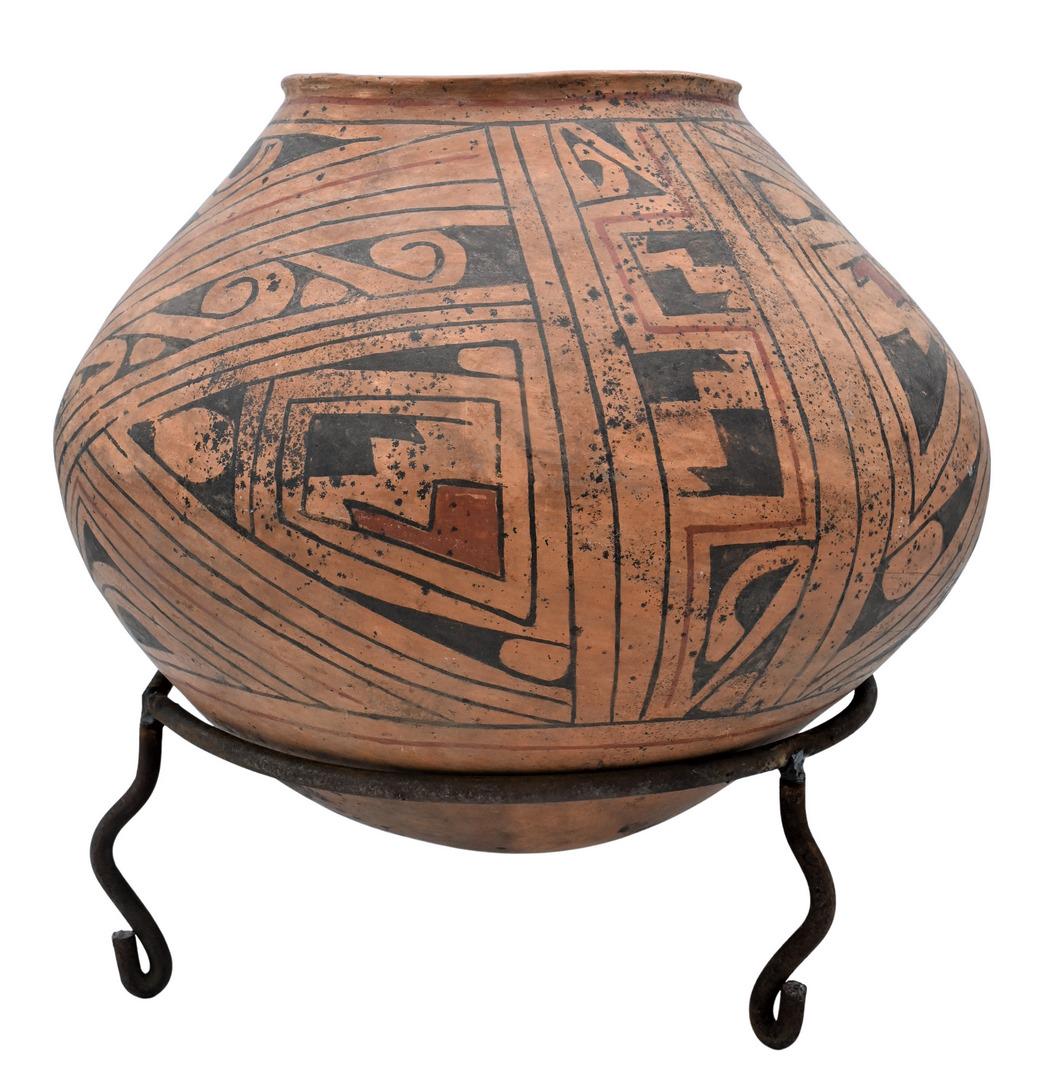 Large Pottery Pre-Columbian Style Painted Jar: Large Pottery Pre-Columbian Style Painted Jar, on stand, height 15 inches. Provenance: Estate of Peter Tillou, Litchfield, Connecticut.