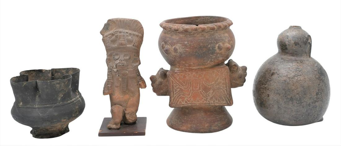 Group of Early Pottery Pieces: Group of Early Pottery Pieces, to include a figural double gourd vase; a handled cup having ruffle rim; an Egyptian figure; along with a stemmed figural bowl; tallest 7 inches. Provenance: Estate of P