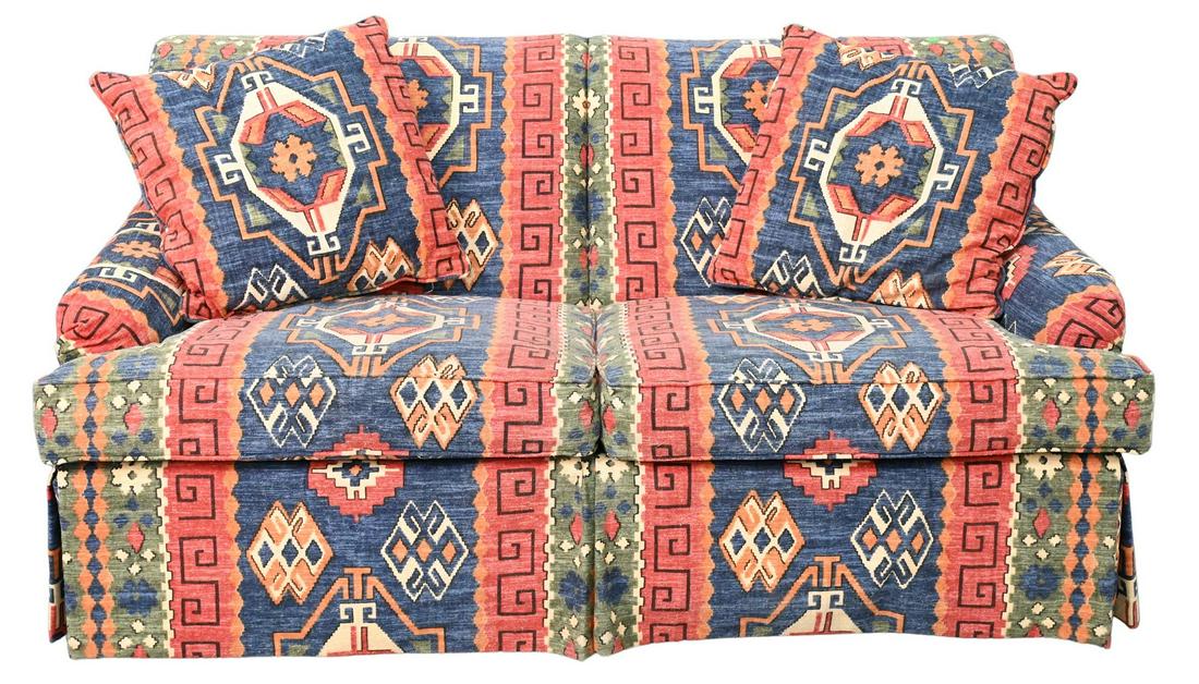 Sofa and Loveseat: Sofa and Loveseat, in Southwest US style upholstery, lengths 65 and 82 inches. Provenance: Estate of Peter Tillou, Litchfield, Connecticut.