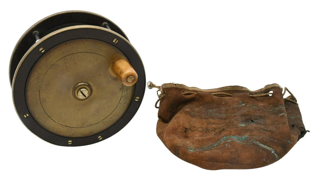 Vintage Brass and Bakelite Salmon Fly Reel: Vintage Brass and Bakelite Salmon Fly Reel, having one small crack, diameter 5 inches. Provenance: Estate of Peter Tillou, Litchfield, Connecticut.