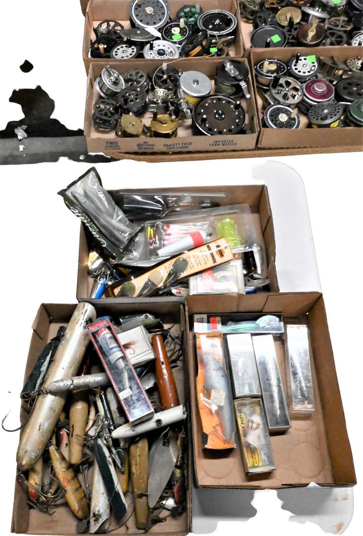 Three Box Lots of Fishing Lures and Various Bait: Three Box Lots of Fishing Lures and Various Bait, brands include Rebel, Burke, along with Rapala. Provenance: Estate of Peter Tillou, Litchfield, Connecticut.