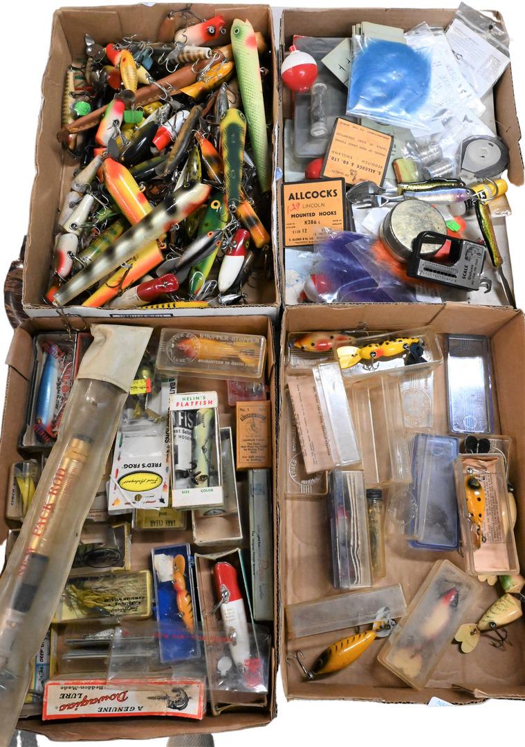 Four Box Lots of Assorted Fishing Lures and Hooks: Four Box Lots of Assorted Fishing Lures and Hooks, brands include Helin's, Whopper Stopper, along with various loose lures. Provenance: Estate of Peter Tillou, Litchfield, Connecticut.