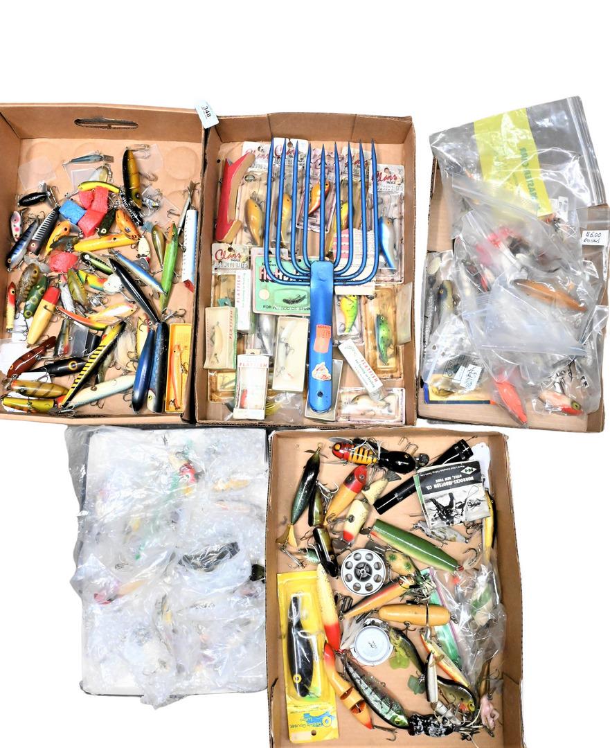 Box Lot of Various Assorted Fishing Lures and Bait.: Box Lot of Various Assorted Fishing Lures and Bait. Provenance: Estate of Peter Tillou, Litchfield, Connecticut.