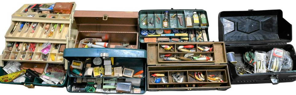 Six Tackle Boxes: Six Tackle Boxes, to include assorted fishing lures and items. Provenance: Estate of Peter Tillou, Litchfield, Connecticut.